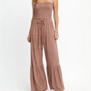Love Tree Strapless Smocked Wide Leg Jumpsuit Taupe Boho Ruffle Pants Size Large